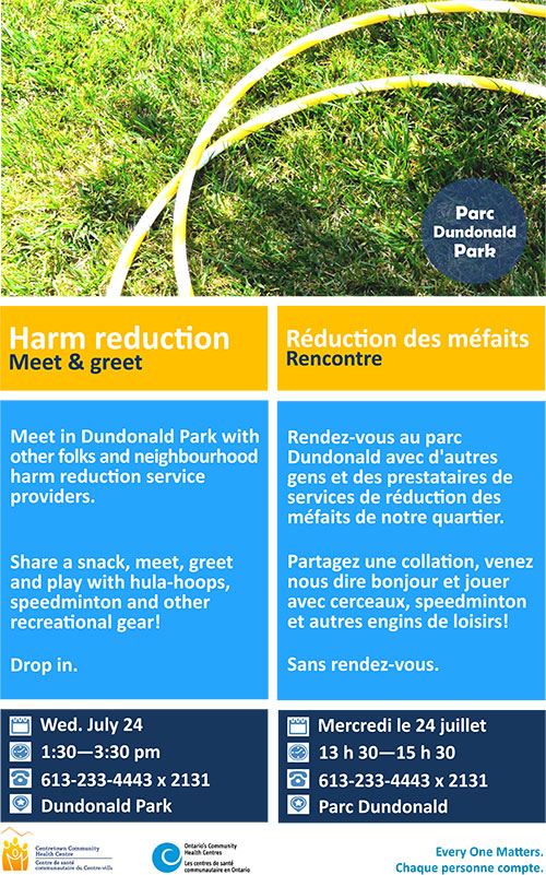 Harm reduction meet & greet - July 24, 1:30pm at Dundonald Park